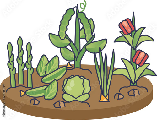 Illustration of diverse crops in a garden, symbolizing crop diversity.