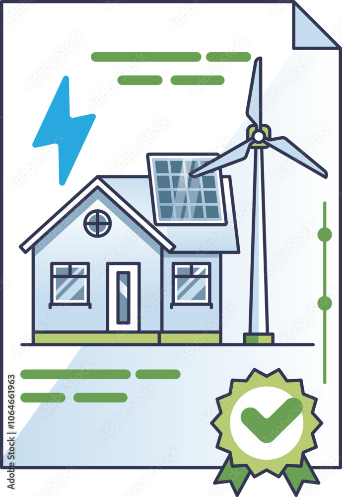 Illustration of a house with solar panel, wind turbine, and energy certificate symbolizing energy efficiency. Illustration of a house with solar panel, wind turbine, and energy certificate symbolizing energy efficiency.