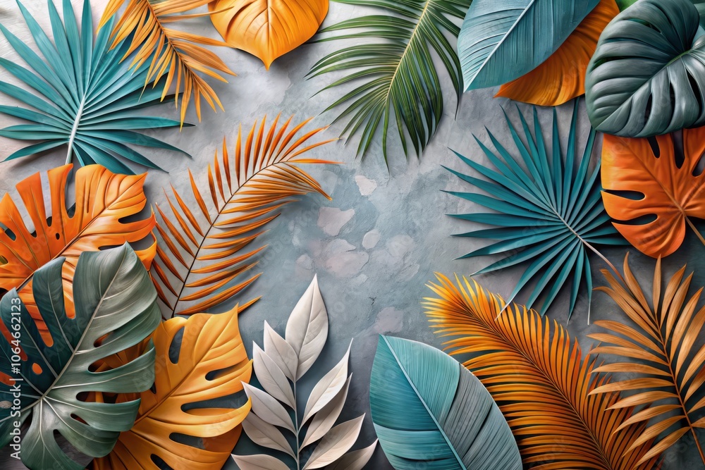 Bright Abstract Collage of Tropical Leaves in Pastel Colors with Grey and Orange Hues, Featuring a Right Position Main Subject and Ample Copy Space for Creative Use Bright Abstract Collage of Tropical Leaves in Pastel Colors with Grey and Orange Hues, Featuring a Right Position Main Subject and Ample Copy Space for Creative Use