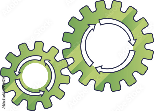 Two green gears with arrows symbolize process and efficiency.