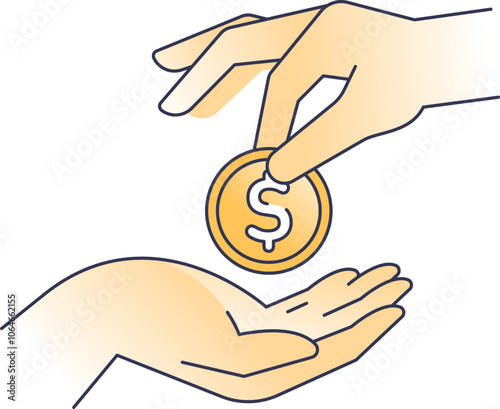 One hand giving a coin with a dollar sign to another, symbolizing charity or financial aid.