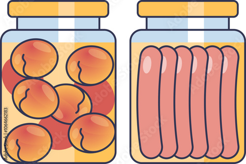 Illustration of jars with preserved peaches and hotdogs, symbolizing food preservation.