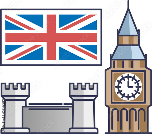 Illustration of the UK flag, Big Ben, and a castle symbolizing British heritage.