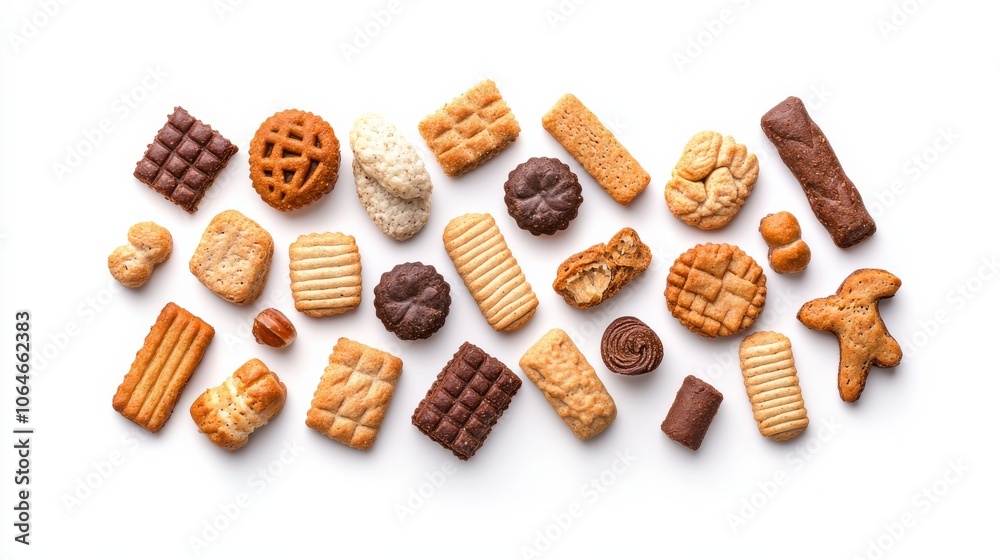 Isolated dog biscuits displayed in a creative arrangement on a white background, highlighting their vibrant colors and various textures, suitable for commercial use in pet product marketing Isolated dog biscuits displayed in a creative arrangement on a white background, highlighting their vibrant colors and various textures, suitable for commercial use in pet product marketing