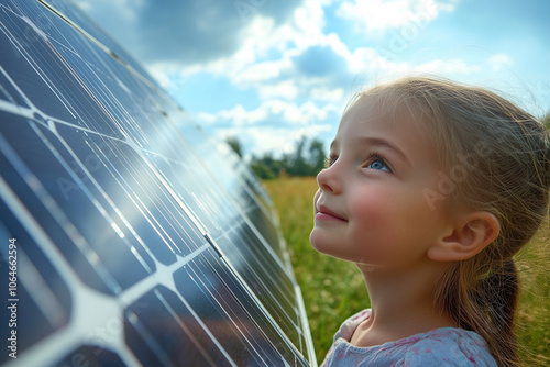 A young girl with blonde hair and blue eyes looks up at the sky with a hopeful expression while standing near a solar panel, bright future powered by clean energy