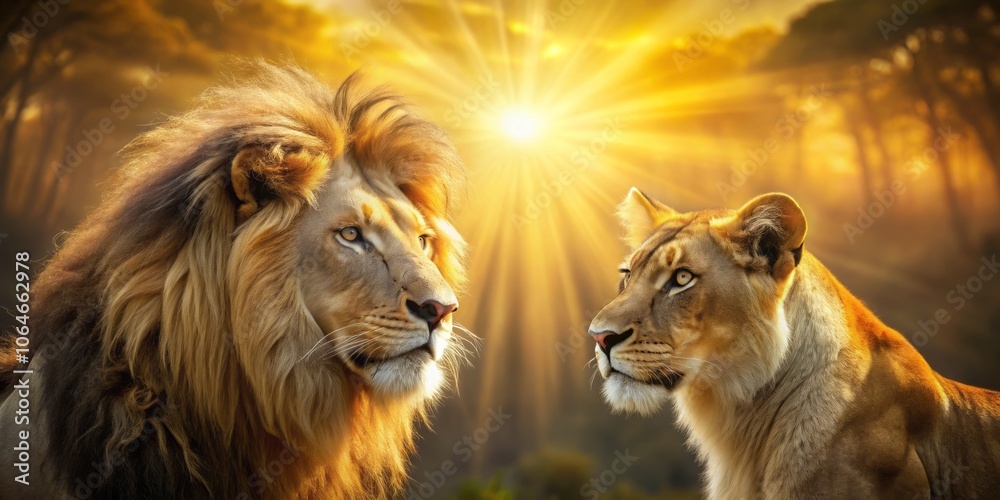 Fototapeta premium Candid Capture of Adult Lions in a Zoological Garden: Lion and Lioness Embracing in Golden Sunset Rays, Showcasing Love and Tenderness among Nature's Majesty