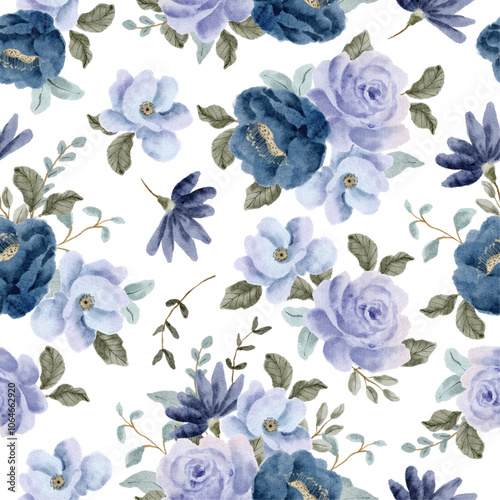 blue purple floral watercolor seamless pattern
