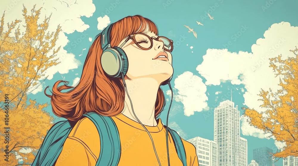 Woman enjoying music in a vibrant cityscape Woman enjoying music in a vibrant cityscape
