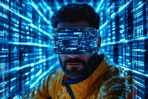 Futuristic Man in Modern Warehouse with Augmented Reality