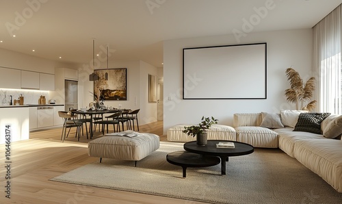 modern living room interior design with a white blank wall mockup frame on the wooden floor and a light beige sofa, black coffee table, and dining area in the background