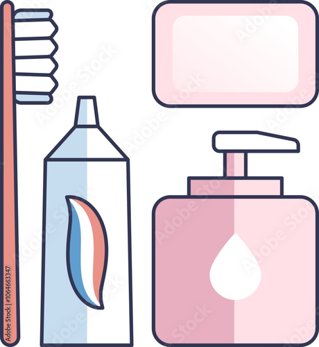 Toothbrush, toothpaste, soap, and dispenser symbolize essential hygiene practices.