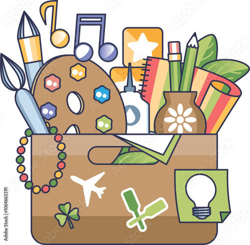 A box of art supplies symbolizes creativity and diverse hobbies.