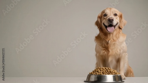 Contented dog enjoying its hearty meal, standing by a bowl of food with a big grin, isolated on a plain background that emphasizes the joy of pet pampering photo