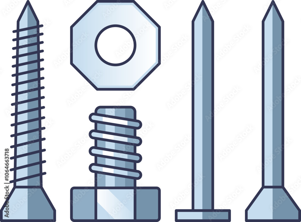 Illustration of screws, bolts, and nails symbolizing construction and assembly. Illustration of screws, bolts, and nails symbolizing construction and assembly.