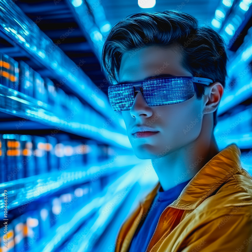 Futuristic Man in Modern Warehouse Setting Futuristic Man in Modern Warehouse Setting