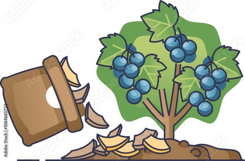 Illustration of mulching around a grapevine with wood chips.