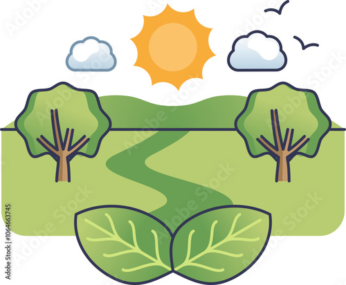 Illustration of trees, sun, and path symbolizing harmony with nature.