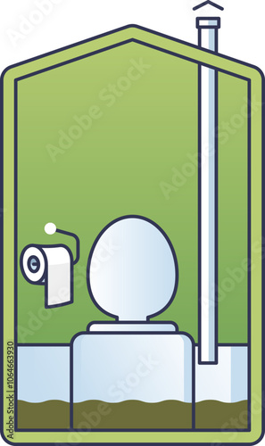 Illustration of a portable toilet unit with a toilet seat, paper roll, and ventilation pipe.