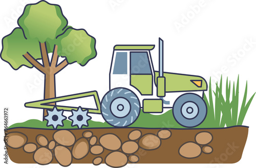 Illustration of a tractor using reduced tillage, promoting soil health and sustainability.