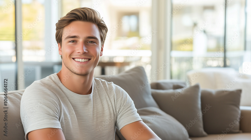 Portrait of a smiling young man with short brown hair sitting on a couch in a living room, looking directly at the camera Portrait of a smiling young man with short brown hair sitting on a couch in a living room, looking directly at the camera