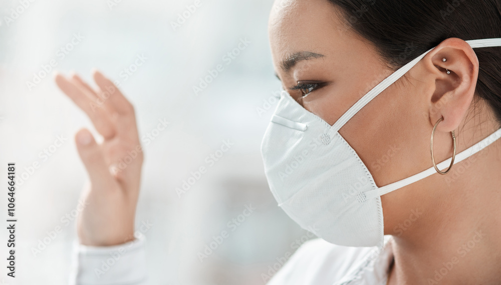 Woman, mask and thinking at window for covid, illness prevention and safety in office. Business person, reflection and PPE in workplace for pandemic awareness, isolation and risk with depression Woman, mask and thinking at window for covid, illness prevention and safety in office. Business person, reflection and PPE in workplace for pandemic awareness, isolation and risk with depression