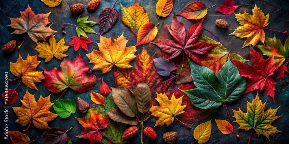 Captivating Autumn Etude: A Multicolored Display of Autumn Leaves Against a Dark Background, Perfect for Fashion Photography Inspiration and Seasonal Design Aesthetics Captivating Autumn Etude: A Multicolored Display of Autumn Leaves Against a Dark Background, Perfect for Fashion Photography Inspiration and Seasonal Design Aesthetics