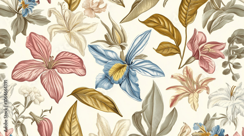 Seamless Pattern Featuring Delicate Floral Illustrations of Pink, Blue, and White Flowers with Golden Leaves on a Cream Background
