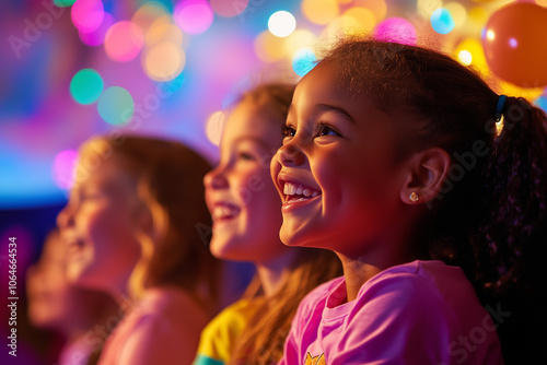 Young girls with diverse ethnicities are sitting and watching a performance with a joyful expression and colorful lights in the background