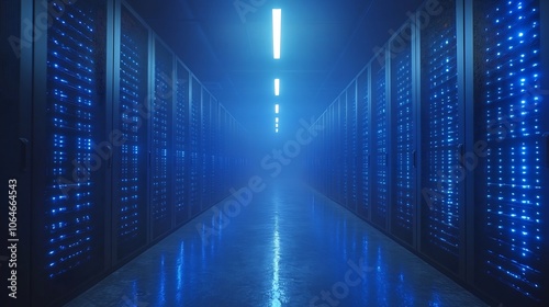 Futuristic data center cloud servers and streams of secure digital light representing protected data exchange in an organized layout