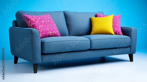 Blue Sofa with Colorful Pillows in Modern Living Room