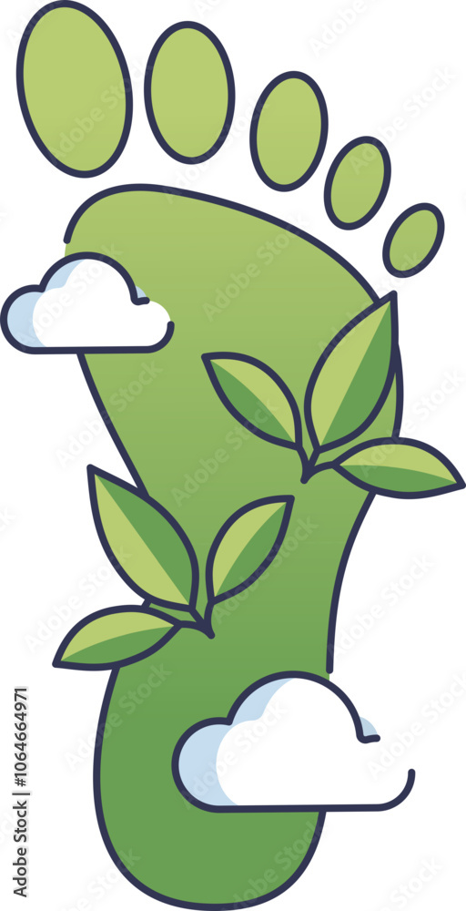 Green footprint with leaves and clouds symbolizes eco-friendly impact. Green footprint with leaves and clouds symbolizes eco-friendly impact.