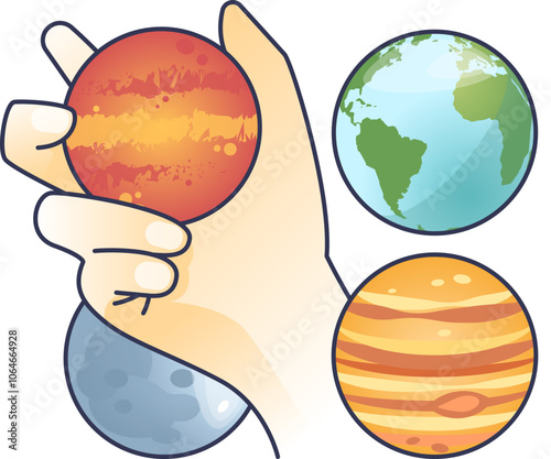 Hand squeezing planet stress balls, symbolizing stress relief and cosmic calm.