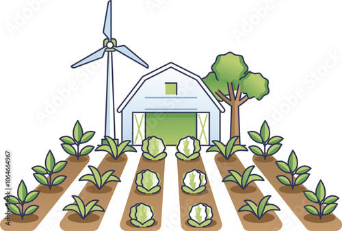 Illustration of sustainable agriculture with a wind turbine, barn, crops, and tree.