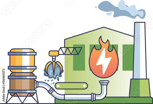 Illustration of a waste-to-energy plant with a crane, pipes, and energy symbol.