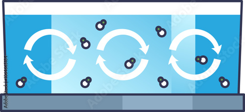 Illustration of wastewater lagoon circulation with arrows and particles.
