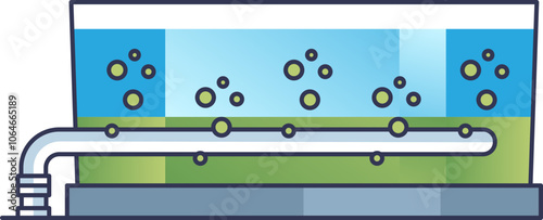 Illustration of aeration in a wastewater treatment lagoon with bubbles and pipes.