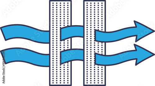 Illustration of water filtration process with arrows and filter layers.