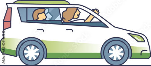 Illustration of a carpooling vehicle with passengers, promoting eco-friendly travel.