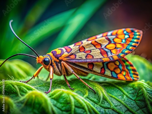 Captivating Close-Up of the Scarce Footman Moth Eilema complana in Fashion Photography Style, Showcasing Intricate Patterns and Textures Against a Soft Focus Background photo