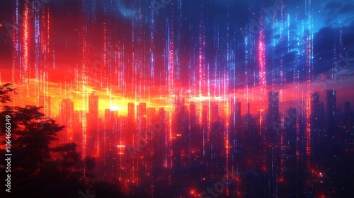 Futuristic city skyline illuminated glowing data streams and digital shields symbolizing a fully connected smart city with advanced cybersecurity