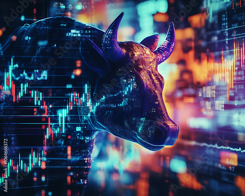 Bull Market with Rising Stock Graphs in Digital Format photo