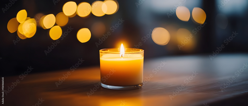 Single Burning Candle with Bokeh Lights in the Background