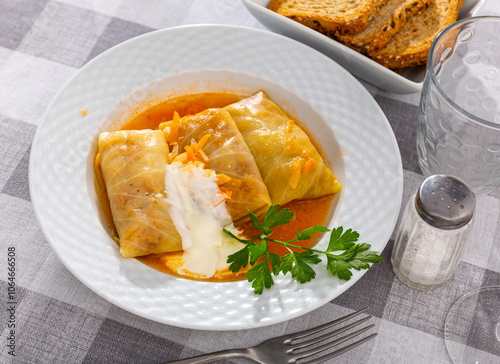 World famous dish is cabbage rolls served with sour cream and decorated with greenery photo