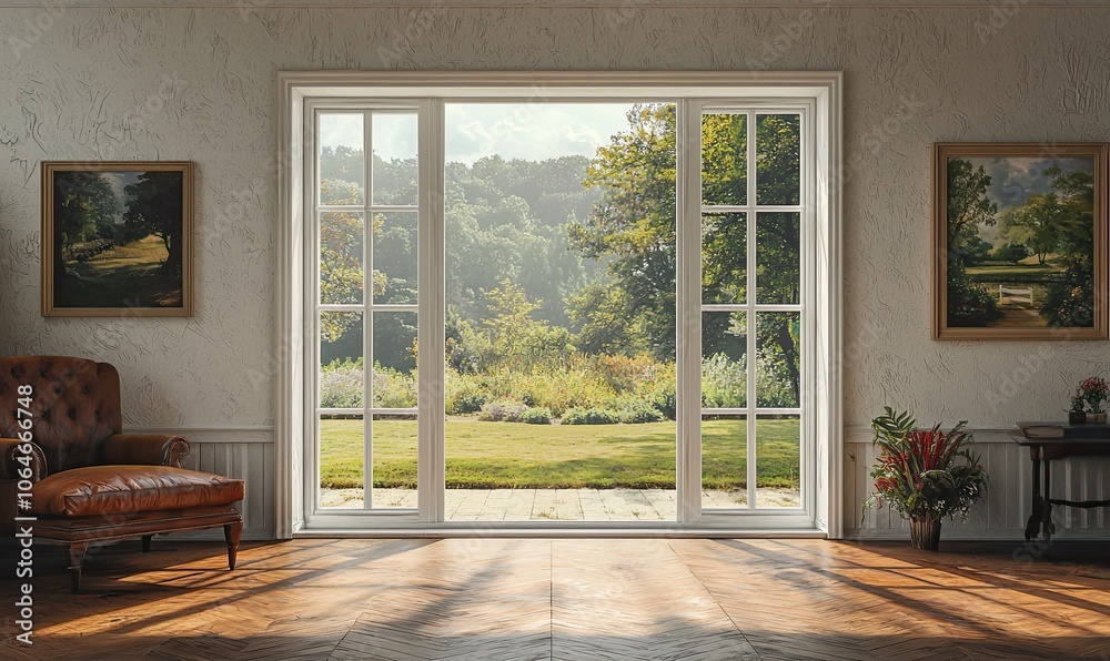 modern, empty room with a white wall and wooden floor. Minimal home interior design of a living space mock-up, with a panoramic window view to the garden landscape outside the glass door