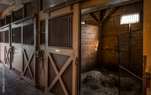 Interior view of stall doors in horse stable.