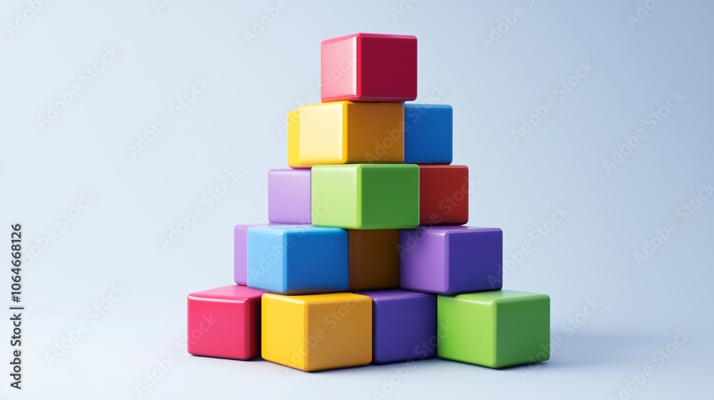 Obraz premium Colorful building blocks arranged in a pyramid shape on a light blue background, showcasing creativity and playfulness