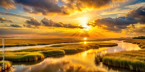 Golden sunset over the marshes and waterways of the Golden Isles in Georgia , Georgia, Gold, Sunset, Landscape, Nature, Water