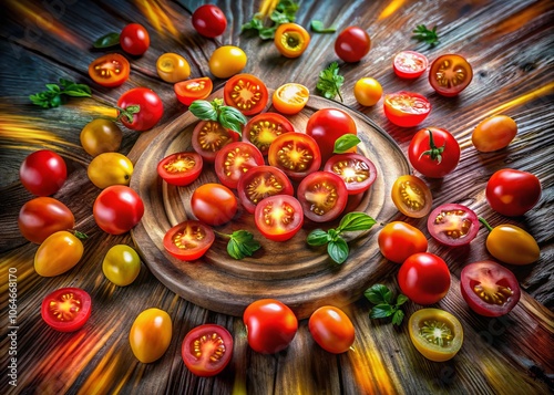 Captivating Long Exposure of Cherry Tomato Slices on a Rustic Table with a Soft Focus Background, Ideal for Culinary and Food Photography Projects