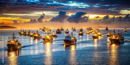 Big fishery and cargo ships lined up on the sparkling ocean, illuminated by dramatic light , shipping, industry, maritime photo