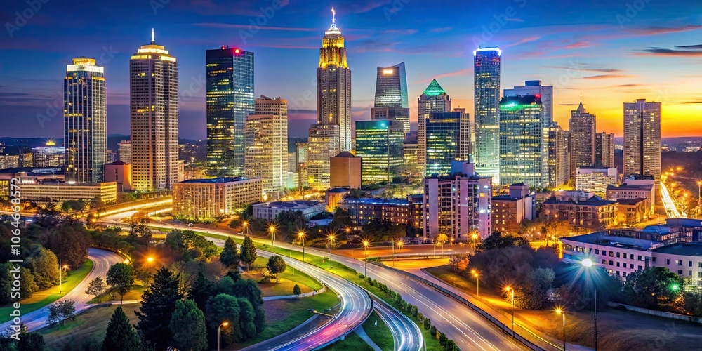Fototapeta premium Downtown Atlanta skyline illuminated at night with colorful lights , Atlanta, Georgia, urban, cityscape, architecture